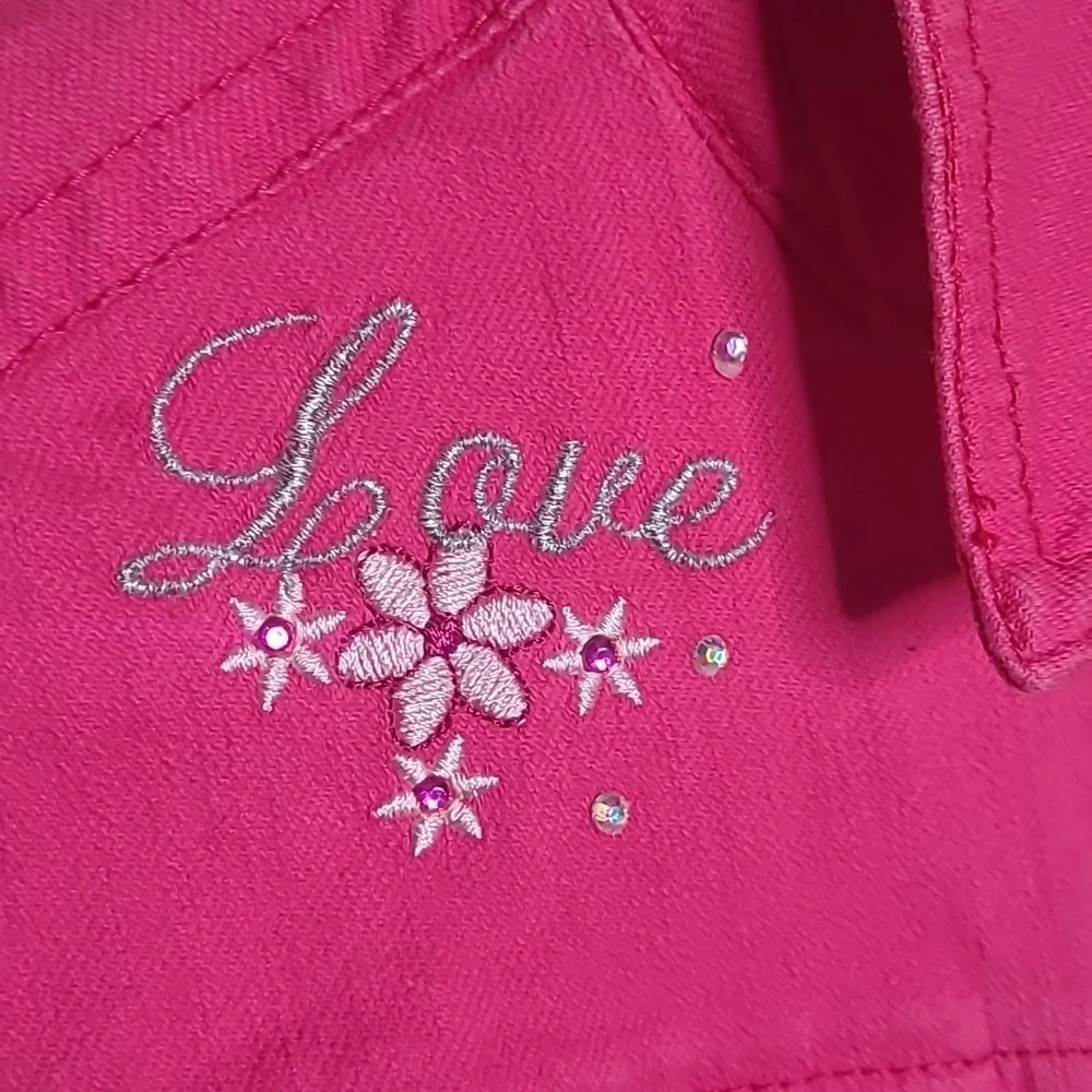 Justice Girls 14 hot pink denim jean jacket sparkly fun embroidered Love